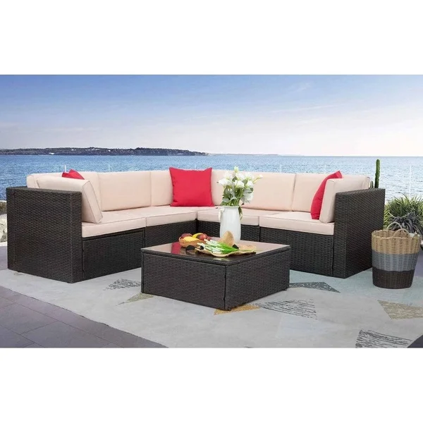 Homall 6 Pieces Patio Furniture Sets Outdoor Sectional Sofa All Weather PE Rattan Patio Conversation Set Manual Wicker Couch - B