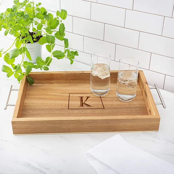Cathy&s Concepts Personalized Acacia Tray with Metal Handles - Q