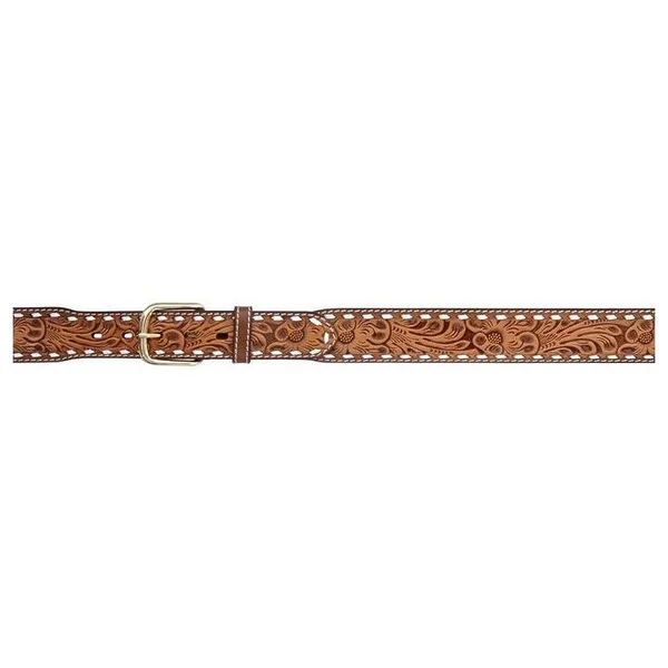 3D Belt Mens Western Buckstitch Floral Leather Brass Natural 3870