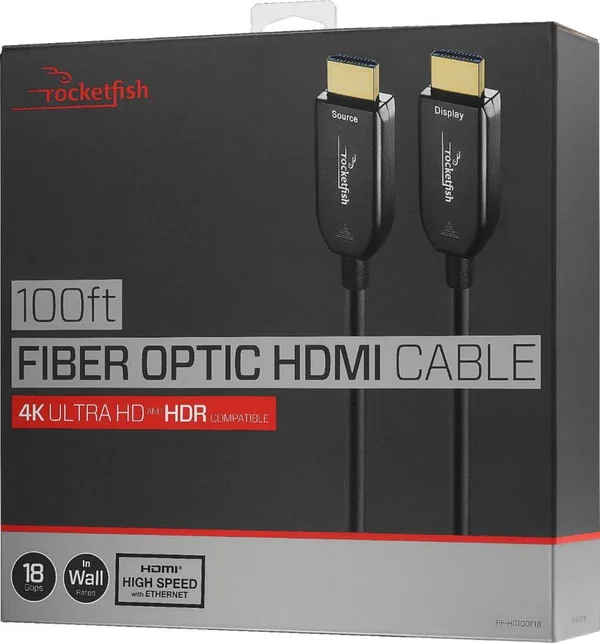 Rocketfish - 100& 4K UltraHD/HDR In-Wall Rated Active Fiber Optical HDMI Cable - Black