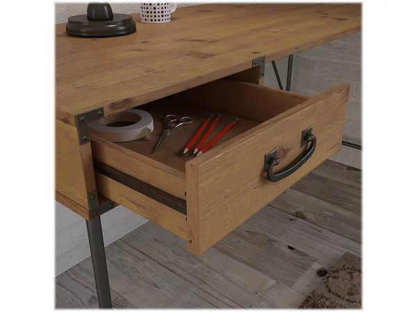 Kathy Ireland Home by Bush Furniture Ironworks 60W L Shaped Writing Desk with 2 Drawer Lateral File Cabinet, Vintage Golden Pine