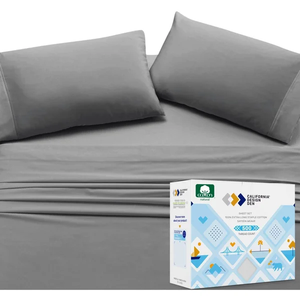 California Design den Full Size Cotton Bed Sheets - 4 Piece 500 Thread Count Bedding Set - Dark Gray Solid Color, 100% Extra Long