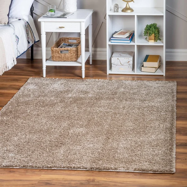 Soft Solid Shag Khaki 5 ft Square Area Rug