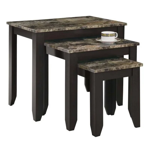 Pemberly Row 3 Piece Faux Marble Top Nesting Table Set in Cappuccino