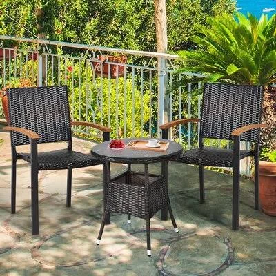 Red Barrel Studio 2pcs Stackable Patio Wicker Dining Chair Rattan Armchair Outdoor Yard Red Barrel Studio