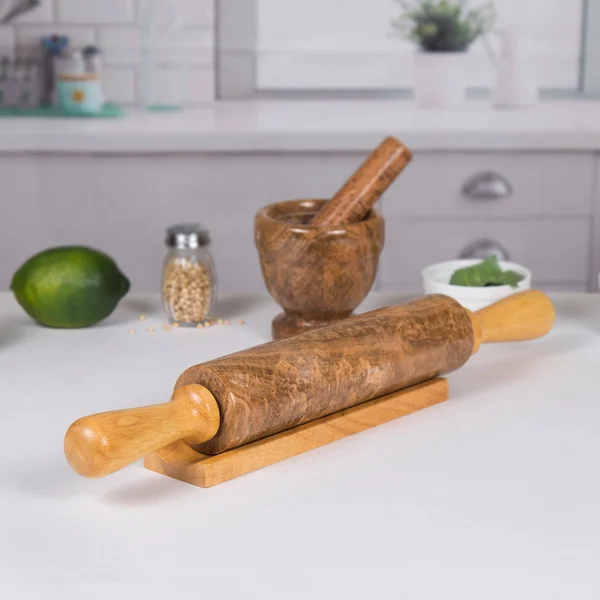 Creative Home 18x22 L Deluxe Genuine Mocha Marble Stone Rolling Pin with Wood Handles & Cradle