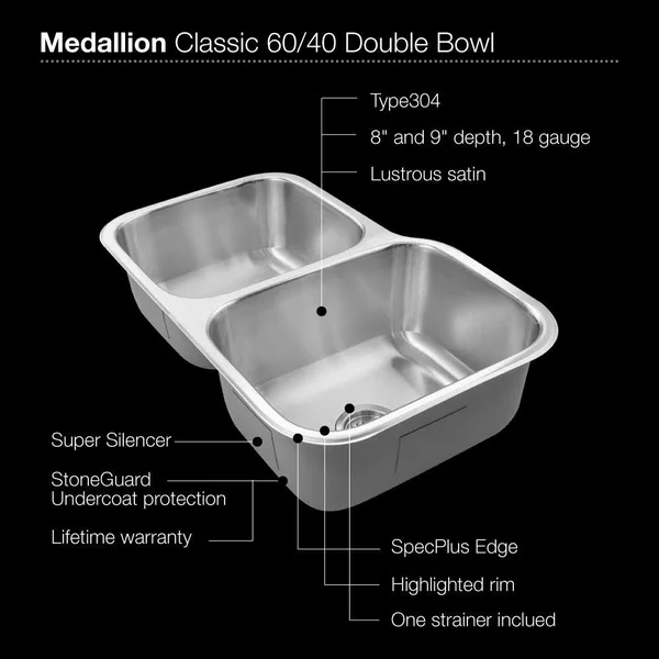 Houzer MEC-3220SL-1 Medallion Classic Undermount 60/40 Double Bowl Stainless Steel Sink