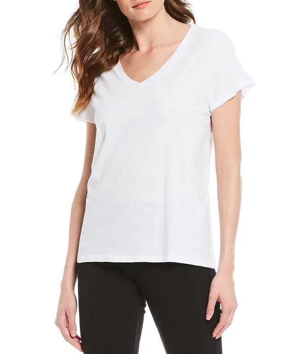 Eileen Fisher V-Neck Organic Cotton Tee, White, Women's, XL
