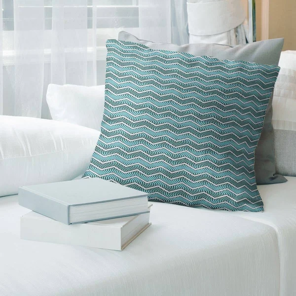 Color Wavy Chevrons Throw Pillow - 14 x 14 - Teal - Faux Suede