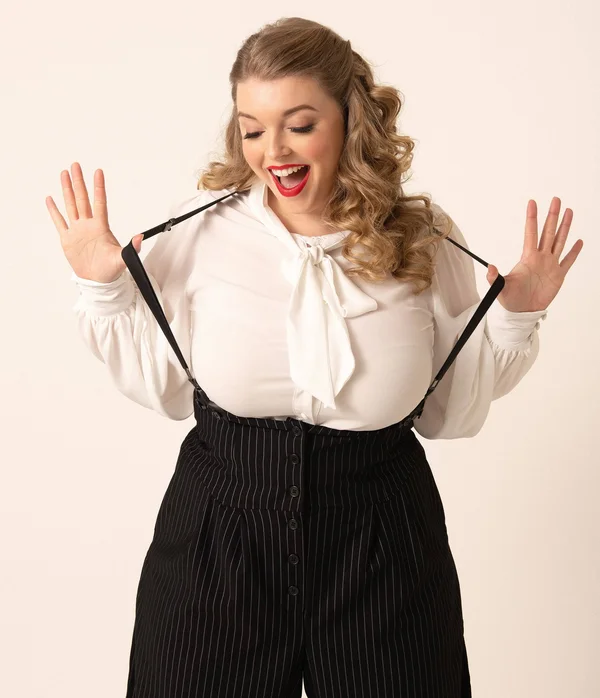 Unique Vintage Plus Size White Neck Tie Gwen Blouse, Size 2X/18