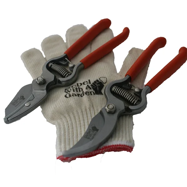 Rebel with A Garden Rebel Bauer Duo 8x22 Heavy-Duty Bypass and Anvil Hand Pruner Shear Set with Bonus Cotton Gloves