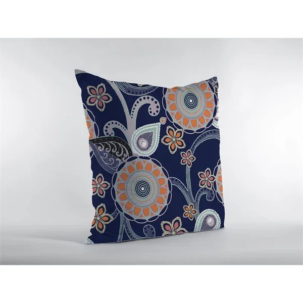 Flower Circles Suede Pillow Orange Light Green Gray on Indigo 20x22