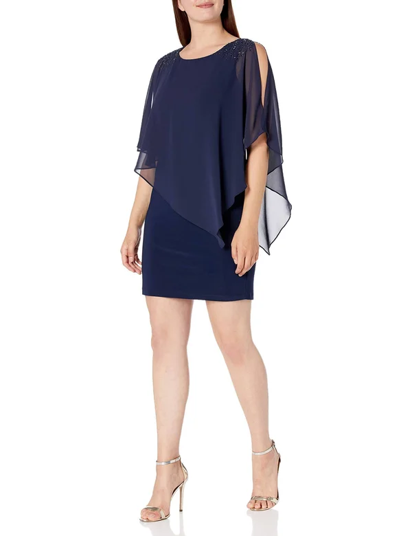 Ignite Evenings Chiffon Asymmetric Overlay Beaded Shoulder Detail Sheath Dress - 14