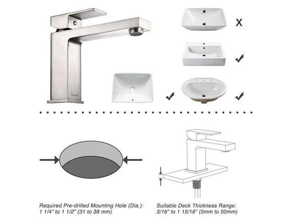 Aquaterior 1 Hole Bathroom Sink Faucet Square Single Handle Cold & Hot Water Tap Nickel