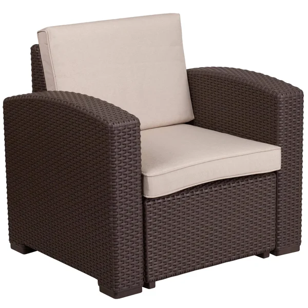 Chocolate Brown Faux Rattan - Chair with All-Weather Beige Cushion