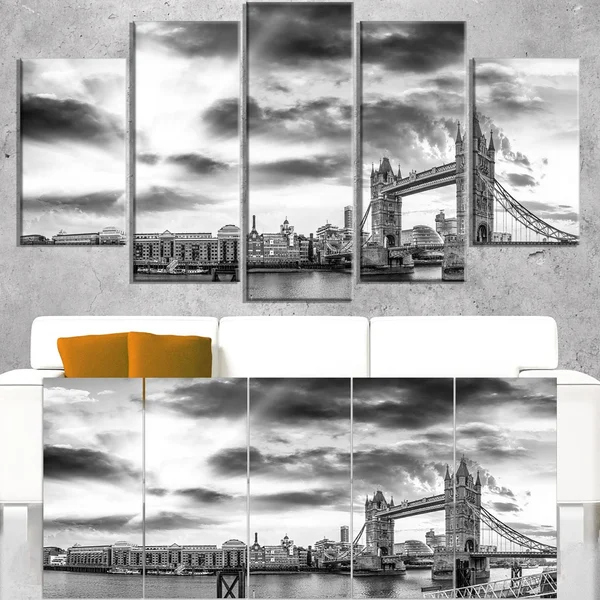 Design Art Black and White View of London Panorama - Cityscape Canvas Print, 60 in. Wide x 28 in. High - 5 Equal Panels