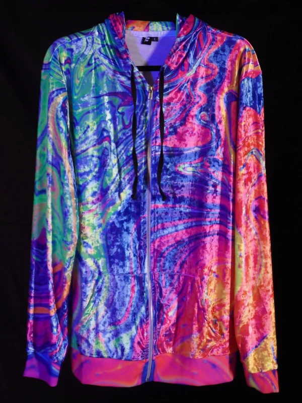 Neon Nuclear Unisex Hoodie S - Black, Zip Up Crushed Velvet