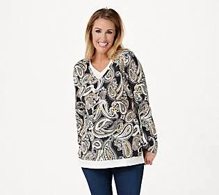 Isaac Mizrahi Live! Paisley Printed Layered Knit Top - Size 1X, Black Multi