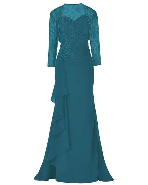Elegant Lace Three Quarters Sleeves Gown Mother of The Bride Groom Dress with Jacket for Wedding Party 26W, Teal