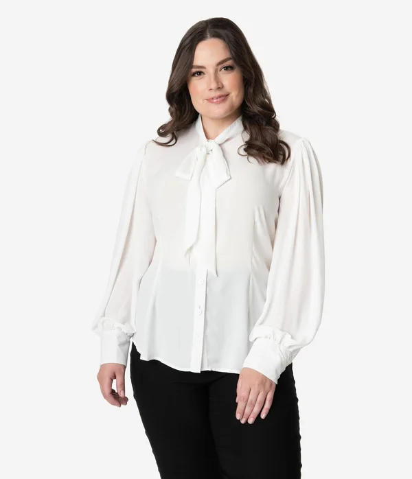 Unique Vintage Plus Size White Neck Tie Gwen Blouse, Size 2X/18