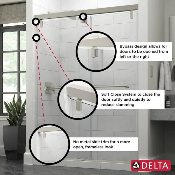 Delta Lyndall 48 in. x 71-1/2 in. Frameless Mod Soft-Close Sliding Shower Door in Matte Black with 1/4 in. (6 mm) Ingot Glass