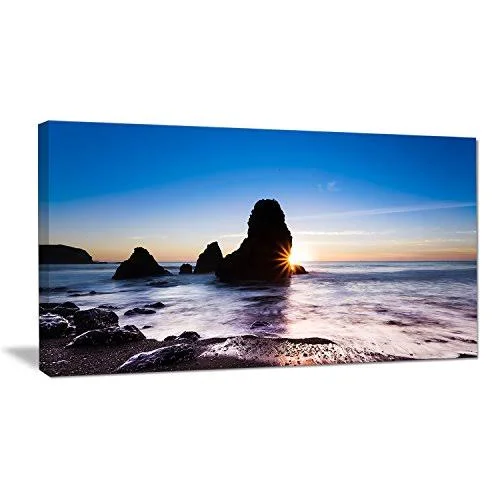 Design Art 'Sunset at Rodeo Beach Panorama' Photographic Print on Wrapped Canvas, Size: 28 inch x 60 inch, Blue