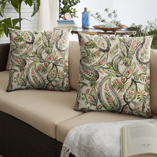 Set of 2 Green and Blue Paisley Indoor and Outdoor Square Pillows 18x22