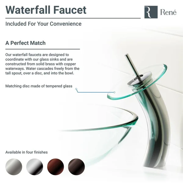 Rene R5-5034-WF-ABR Foil Undertone Glass Vessel Sink with Antique Bronze Waterfall Faucet, Sink Ring, and Vessel Pop-Up Drain