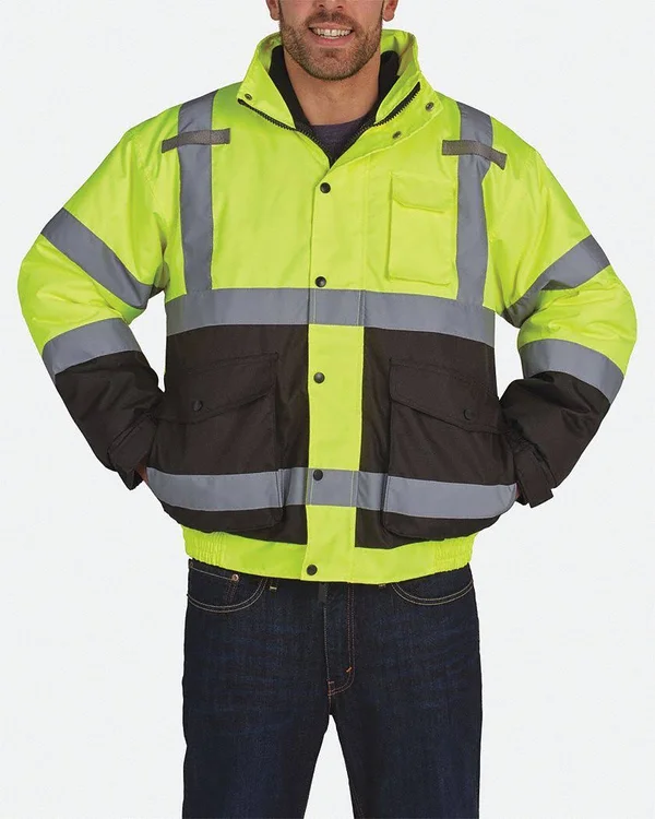 Utility Pro Bomber Jacket with Removable Liner, ANSI Class 3, Polyester, Yellow/Black, Zipper and Snaps Model: UHV563-M-YB |Grai