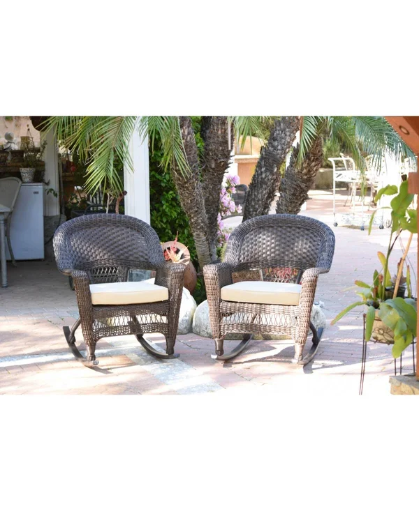 Jeco W00206r-b_2-fs001 White Rocker Wicker Chair with Ivory Cushion- Set of 2