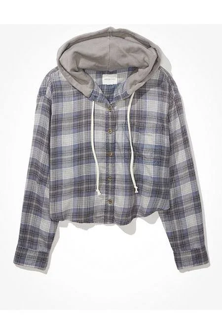 Ae Cropped Hooded Flannel Shirt Women's Blue Xxs