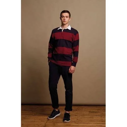 Front Row Sewn Stripe Long Sleeve Sports Rugby Polo Shirt - S, Burgundy/Navy