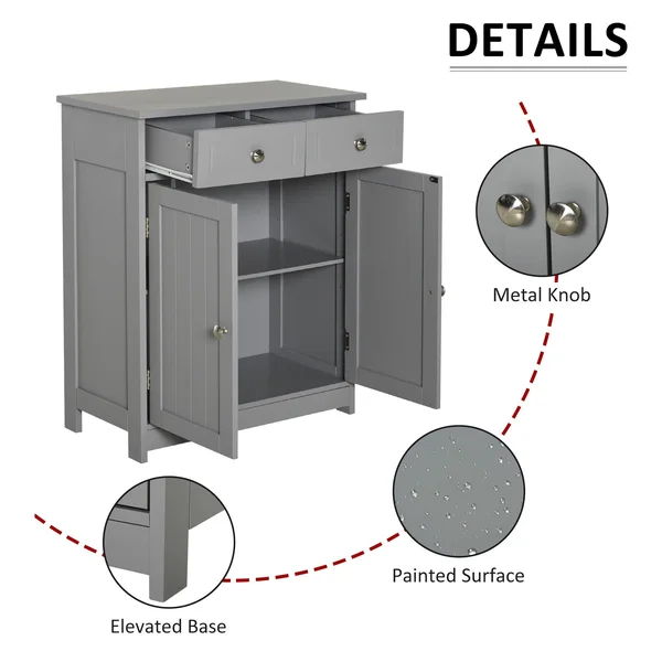 Kleankin Freestanding Bathroom Storage Cabinet Organizer Floor Tower with 2 DOOR, 2 Drawers, Adjustable Shelf, Grey