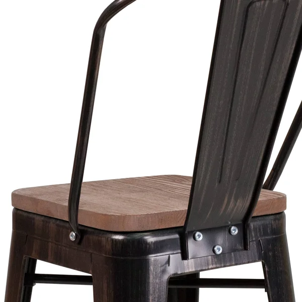 Flash Furniture 24x22 High Metal Counter Height Stool with Back and Wood Seat, Black-Antique Gold