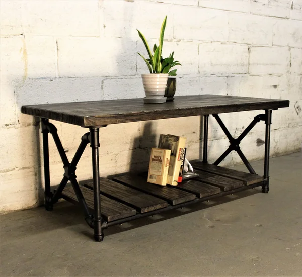 Furniture Pipeline Houston Industrial Chic Coffee Table - Black Steel with Dark Brown Stained Wood