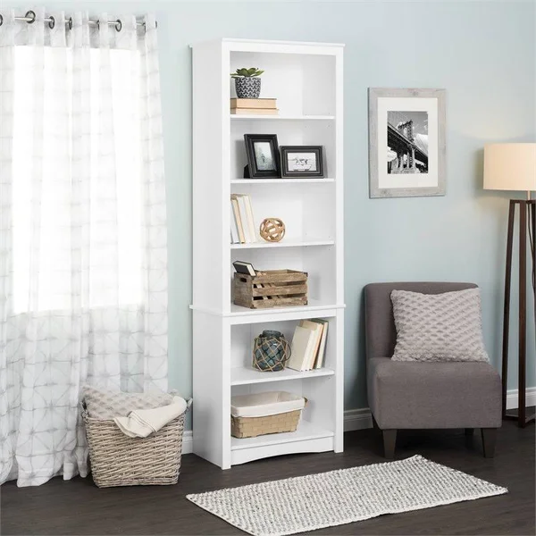 Pemberly Row Tall Contemporary 6 Shelf Bookcase in White