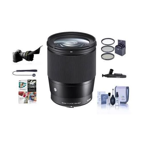 Sigma 16mm f/1.4 DC DN Contemporary Lens for Micro Four Thirds, Black - Bundle with 67mm Filter Kit, Flex Lens Shade, Cleaning K