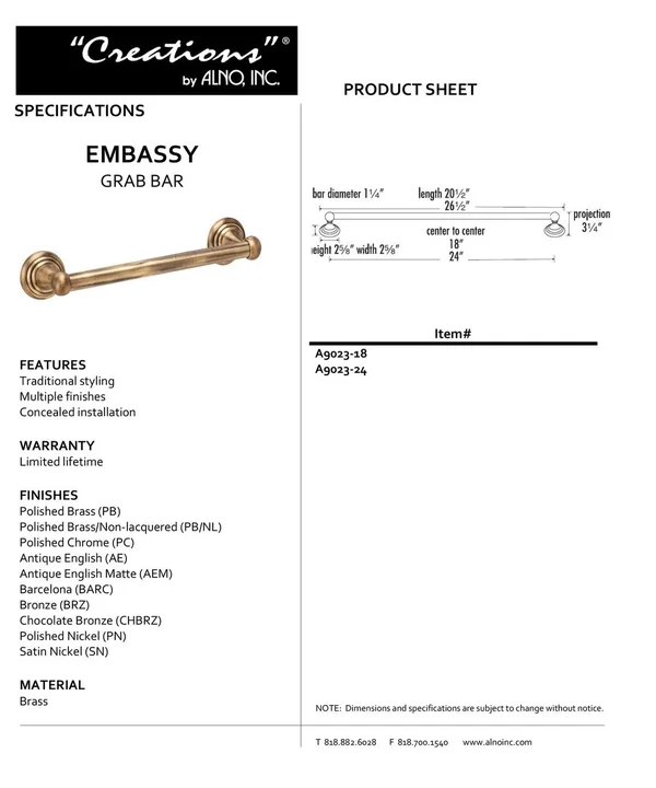 Alno Embassy A9023-24-PC 24x22 Grab Bar - Polished Chrome