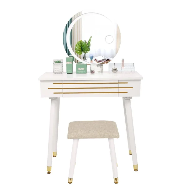 ARTETHYS Vanity Makeup Table Set with 3 Modes Touch Screen Adjustable Lighted Mirror - Cushioned Stool, Big Sliding Drawers Free