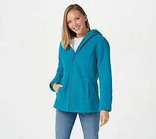 Denim & Co. Zip Front Fleece Jacket w/ Hood and Sherpa Lining, Size 2X, Rich Teal