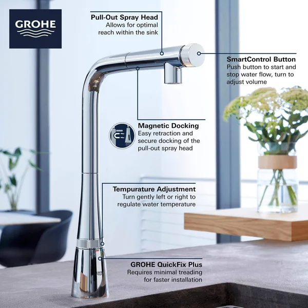 Grohe 31559002 Ladylux SmartControl Pull-Out Dual Spray Kitchen Faucet, Starlight Chrome