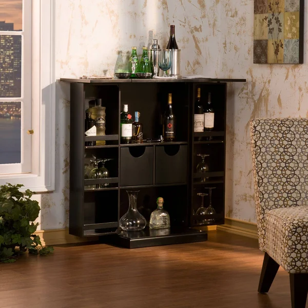 44x22 Black Contemporary Rectangular Fold Away Bar Cabinet