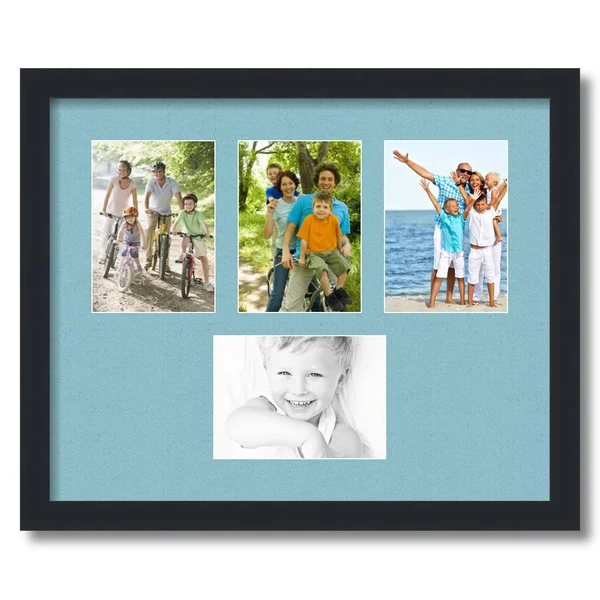 Collage Picture Frame - Satin Black Frame with 4 openings for 5x7 Photos with French Blue Mat. D3926FB149, ArtToFrames