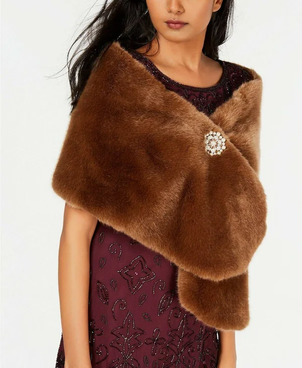 Adrianna Papell Faux-Fur Embellished Shawl - Mink