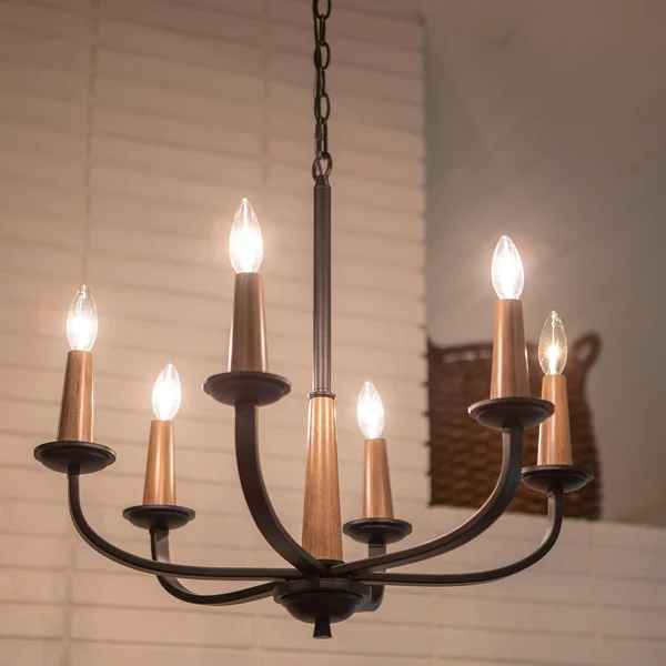 Decor Therapy Rotterdam 6-Light Black Metal and Wood Effect Pendant, 23.82 x 23.82 x 21.57 in