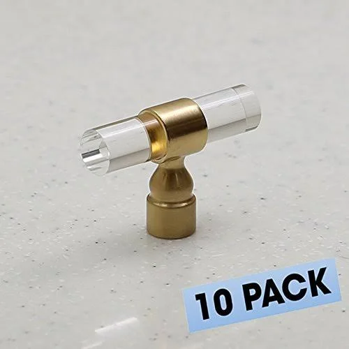 Lucite on Satin Gold -Knob 2.2 inch x 0.66 inch - Face - Modern Gold - Clear Acrylic Cabinet Handle Furniture Door (10 Pack)