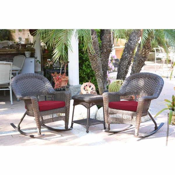 Jeco 3 Piece Rocker Wicker Chair Set with Brown CUSHION, Espresso