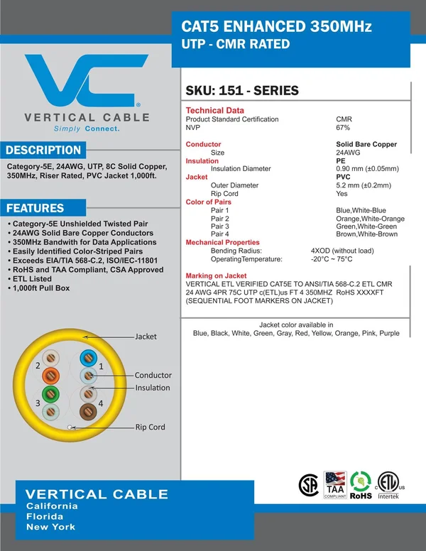 Vertical Cable Cat5e - 350 MHz, UTP, 24AWG, 8C Solid Bare Copper, 1000ft, Orange, Bulk Ethernet Cable - 151 Series