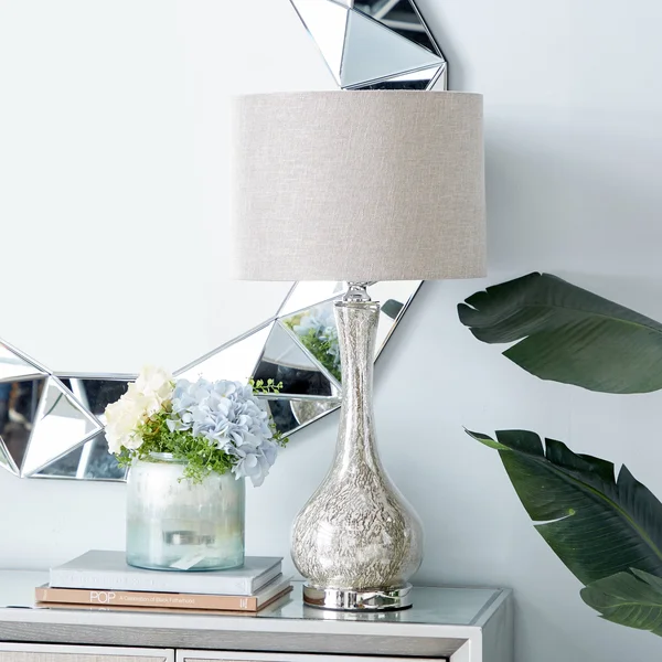 Litton Lane 14 in. x 27.5 in. Tall Silver Beige Mercury Glass Lighting Table Lamp with Beige Drum Shade