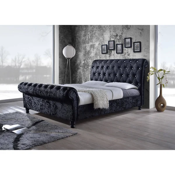Baxton Studio Castello Black Velvet Upholstered Faux Crystal-Buttoned Sleigh Platform Bed, Queen